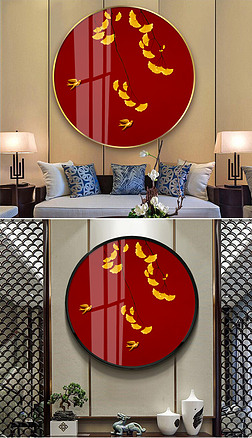 新中式红色装饰画银杏飞鸟玄关装饰画