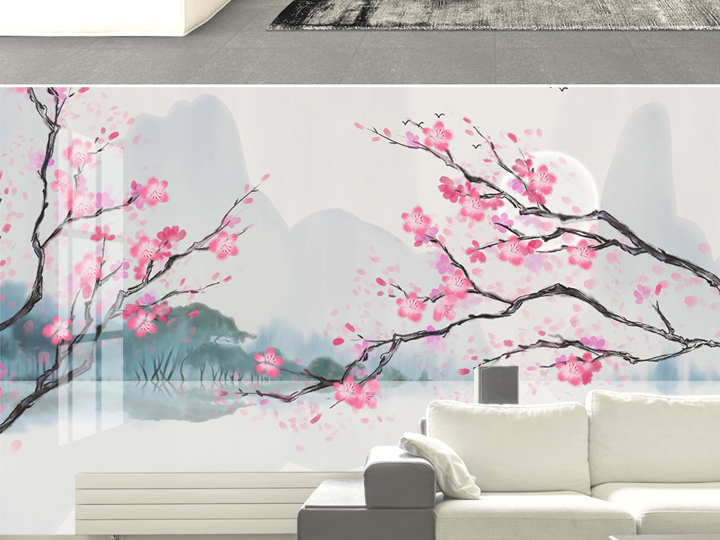 新中式手绘花鸟桃花梅花海棠花壁画背景墙