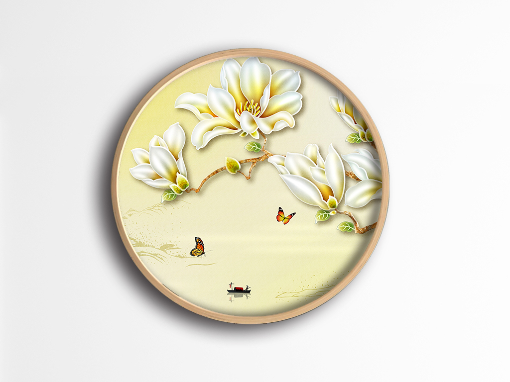 清新浮雕花鸟装饰画玉兰花中式背景墙挂画图片设计素材-高清psd模板