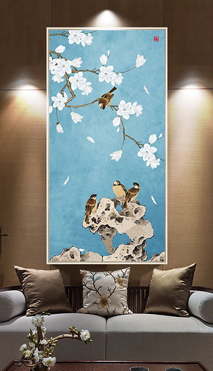 新中式简约玉兰工笔花鸟玄关装饰画