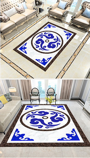 原创新中式大理白玉祥云图案水刀地面拼花版权可商用