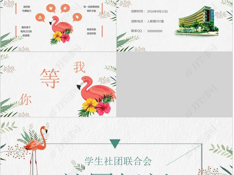 小清新简约火烈鸟大学学生会社团招新ppt模板