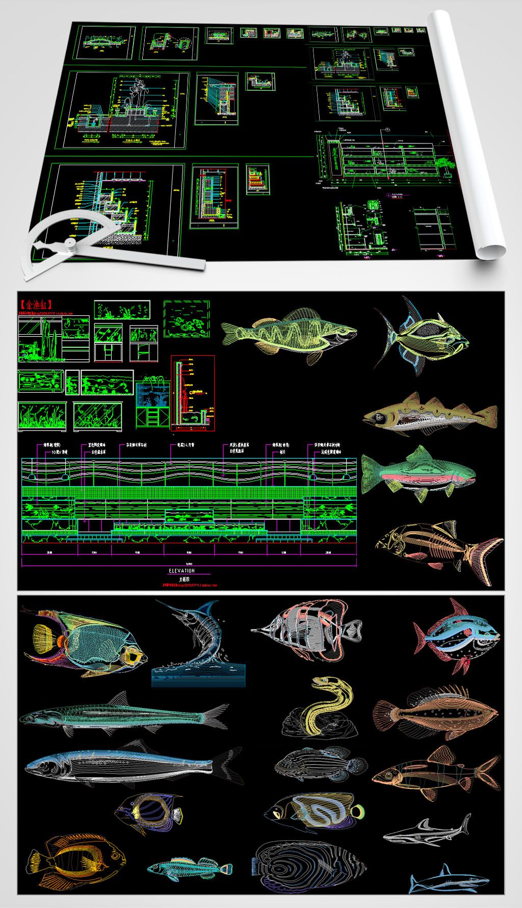 cad金渔缸海鲜池室内水景立面节点大样图下载-编号18991397-cad图纸