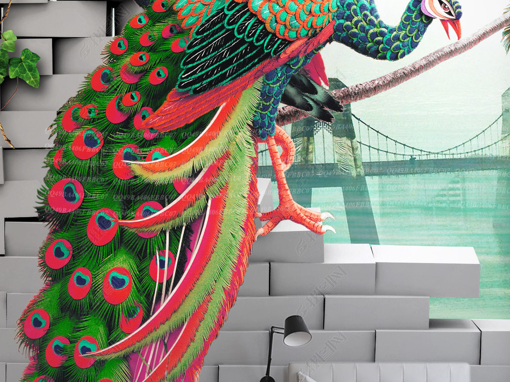 原创3d立体孔雀装饰画玄关背景