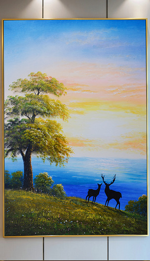 纯手绘田园鹿海油画艺术玄关