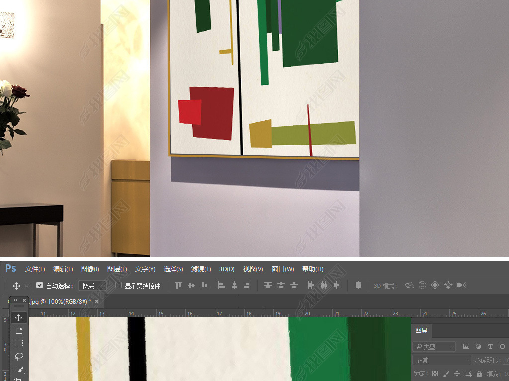 红色绿色几何线条色块抽象画
