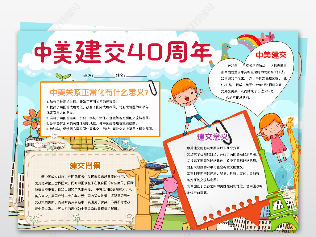 原创纪念中美建交40周年小报合作改革开放手抄报小报版权可商用