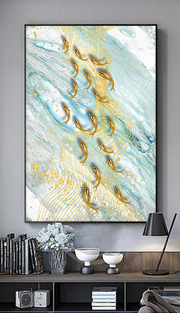 大理石纹理金色鱼群轻奢玄关装饰画装饰画|抽象年年有鱼金色装饰画