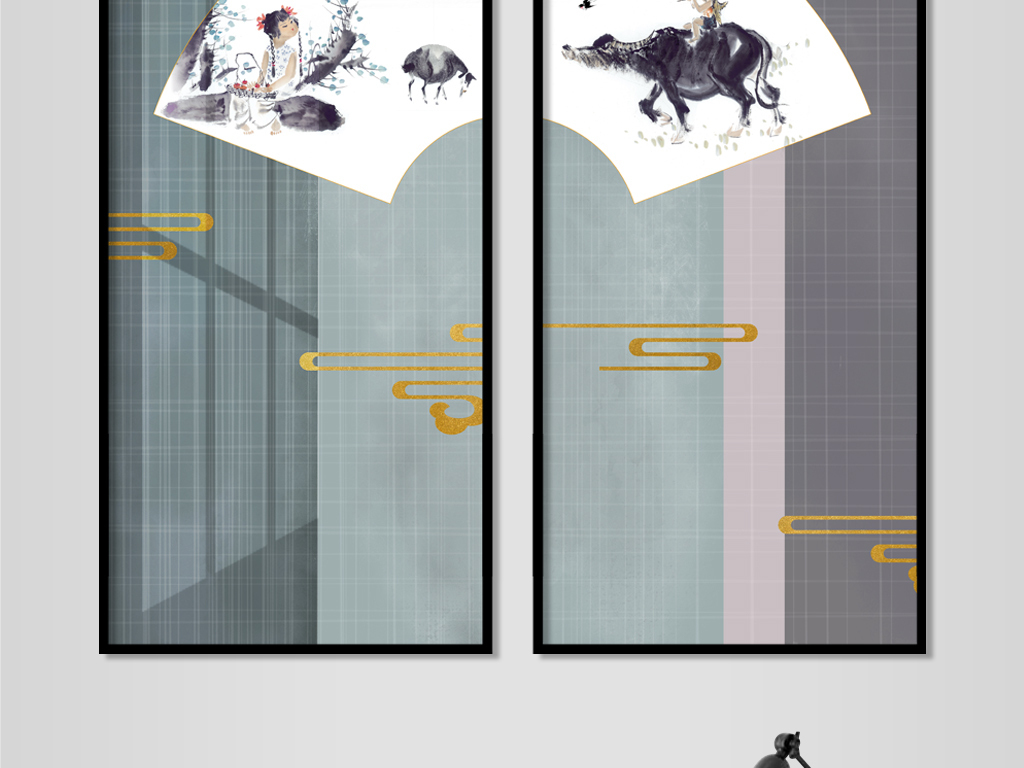 新中式山水诗意牧童客厅书房装饰画