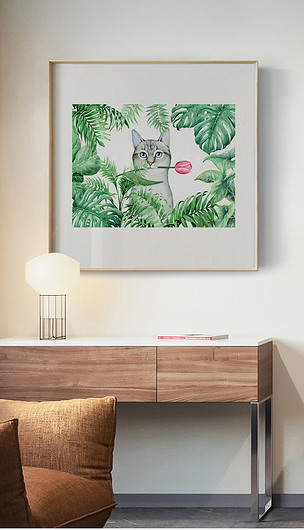 北欧风简约手绘热带植物猫咪小清新装饰画