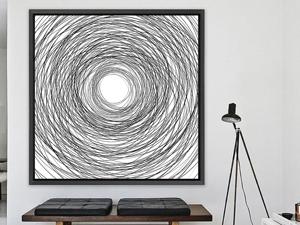 黑白抽象线条画圆形手绘自由极简线条装饰画客