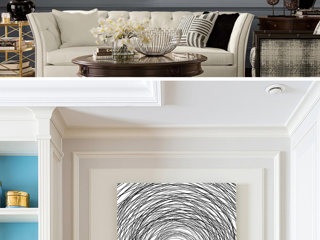 黑白抽象线条画圆形手绘自由极简线条装饰画客