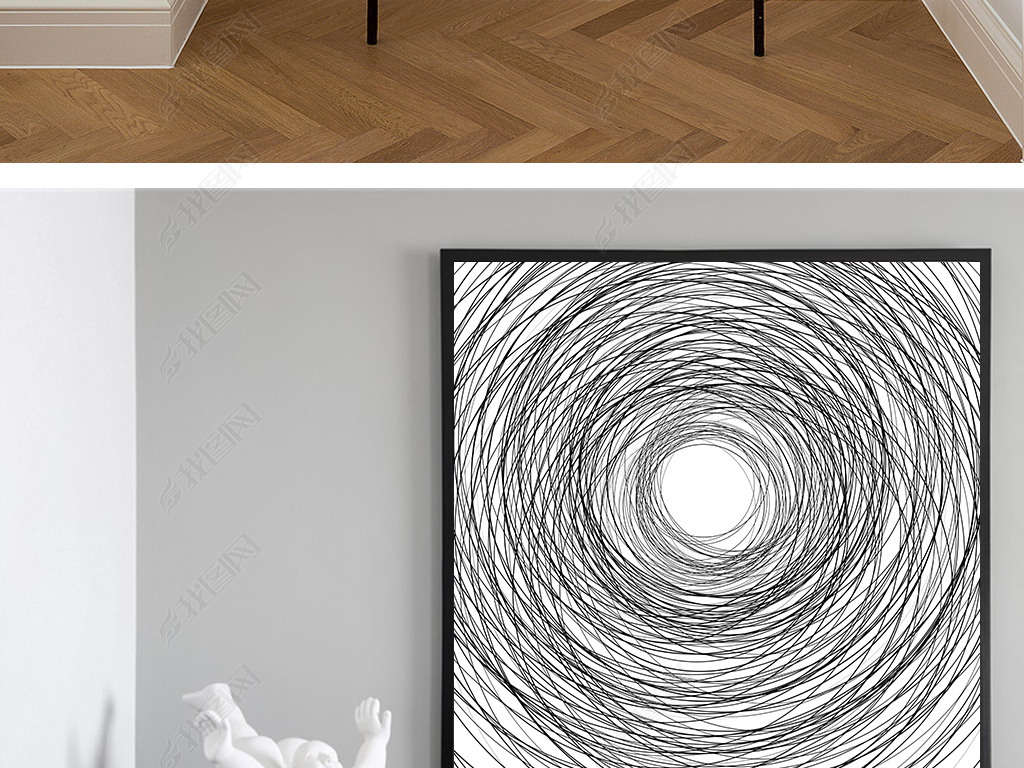 黑白抽象线条画圆形手绘自由极简线条装饰画客厅样板间挂画