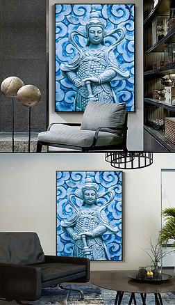 蓝色高清天兵天将石雕神像彩雕背景墙装饰画
