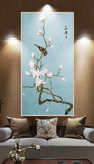 禅意新中式手绘玉兰工笔花鸟玄关装饰画