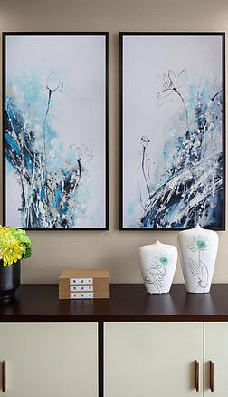 泼墨风格装饰画|新中式泼墨风格写意荷组合装饰油画