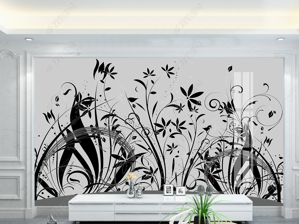 原创中国风黑白兰花花卉北欧手绘极简背景墙壁画版权可商用