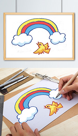 幼儿彩虹小鸟手绘原创卡通插图插画png