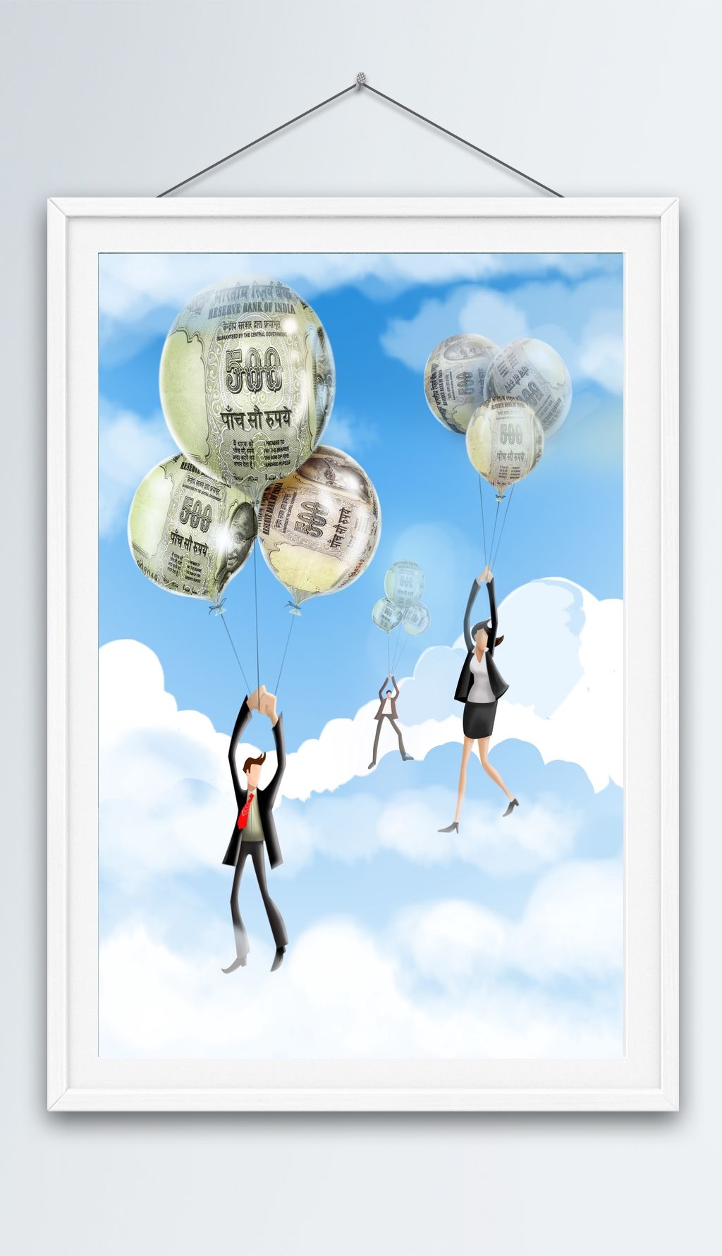 抓着钱币气球飘在空中的人创意插画