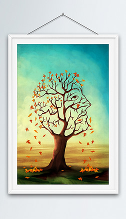 唯美意境落叶归根秋天的落叶创意插画