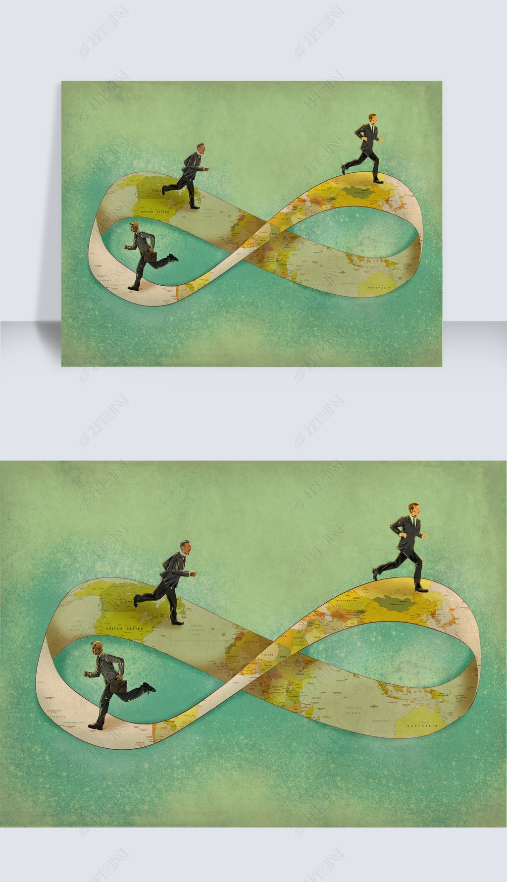 抽象莫比乌斯环上奔跑的人创意插画
