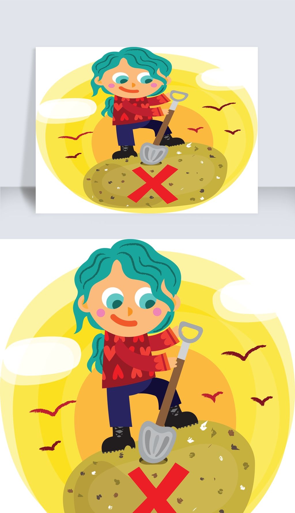 拿着铲子铲沙子劳动者创意插画