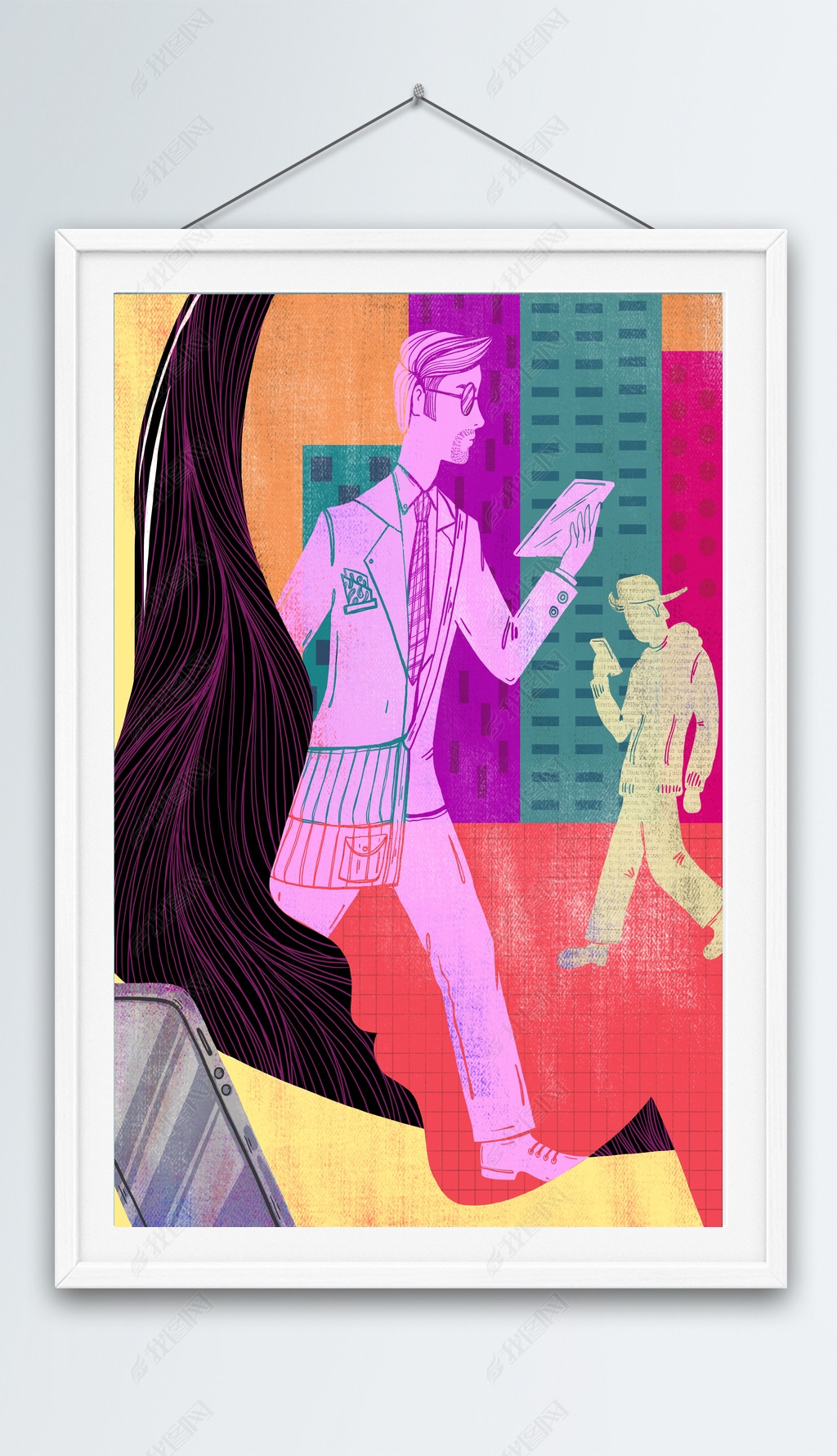 原创抽象主义风格看手机的人创意插画