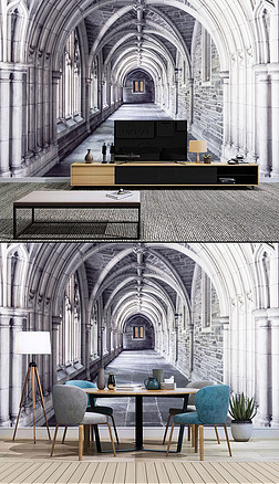 3D北欧复古教堂城堡走廊电视背景墙装饰画
