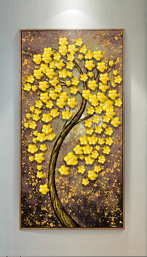 现代金色发财树油画玄关背景装饰画