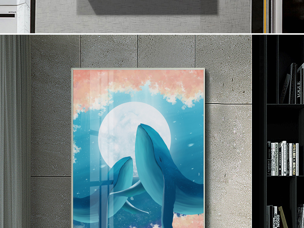 北欧简约手绘星空月亮海底鲸鱼装饰画晶瓷画