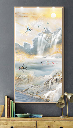 蓝色中式大理石山水九鱼高温烧玉石背景墙