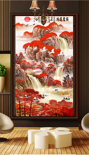 原创新中式水墨山水鸿运当头玄关背景墙壁画