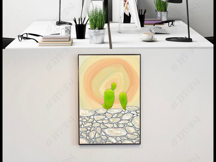 彩色手绘水彩简约仙人掌石头装饰画