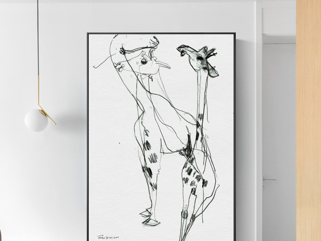 北欧简约手绘长颈鹿动物线条现代艺术装饰画无框画