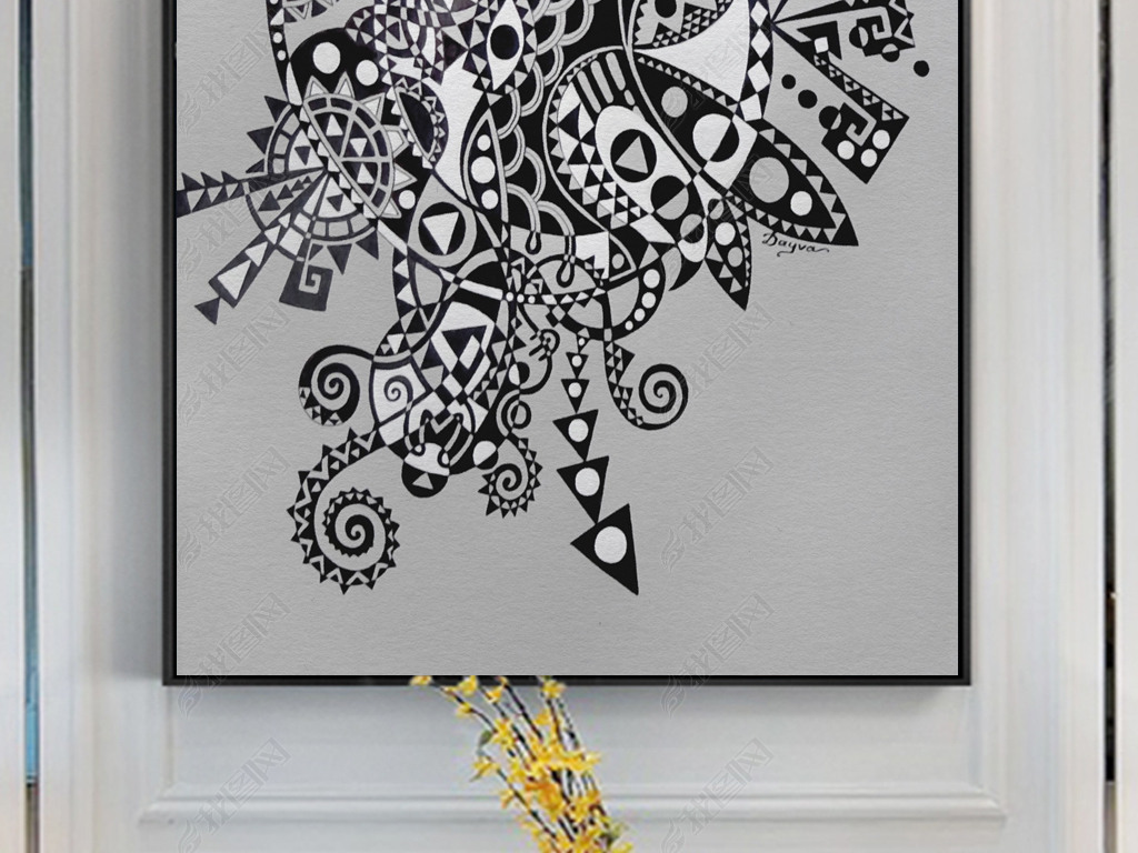 北欧简约手绘黑白抽象图案现代艺术装饰画无框画