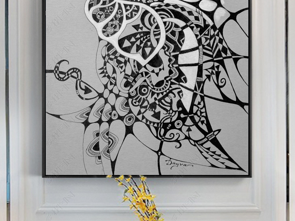 北欧简约手绘黑白抽象图案现代艺术装饰画无框画