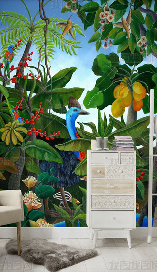 现代简约手绘热带雨林中世纪芭蕉树电视背景墙壁画