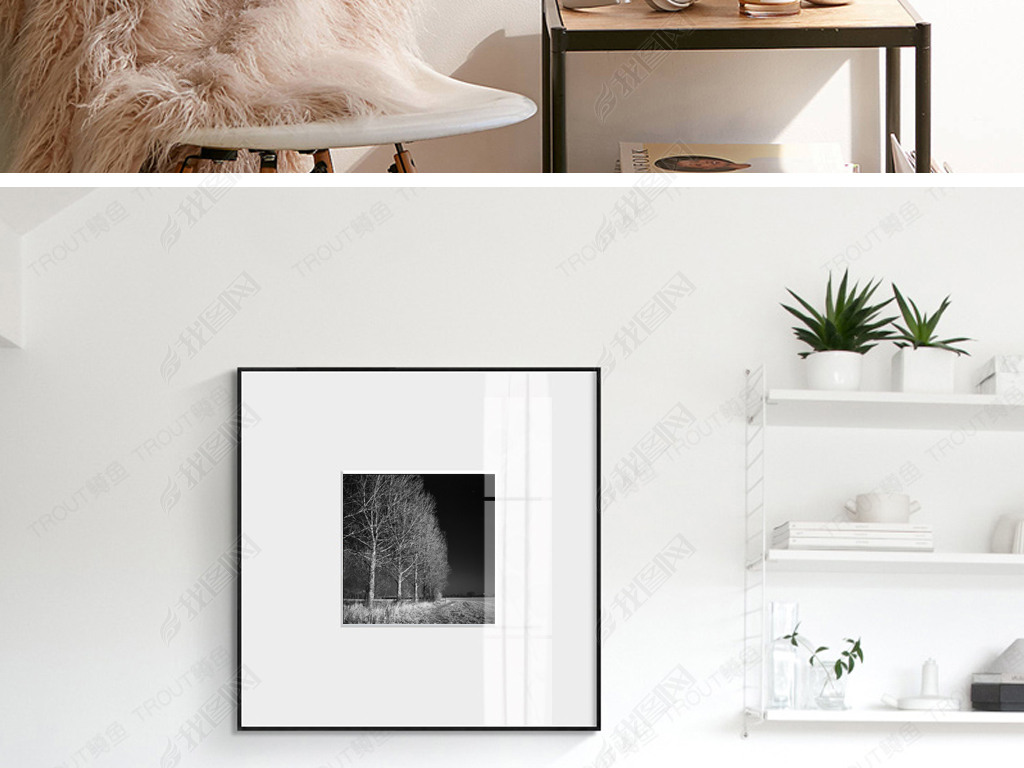 原创北欧黑白简约手绘树木草地风景装饰画无框画版权可商用