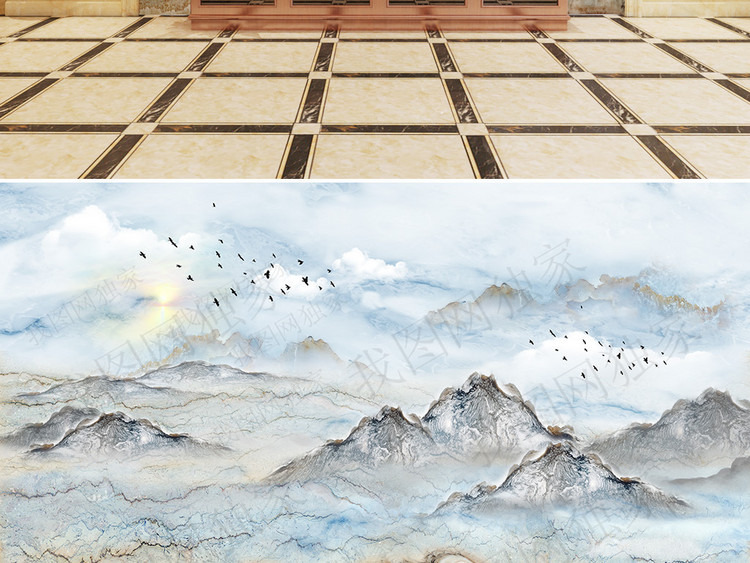 高清大理石纹抽象新中式山水风景明山秀水