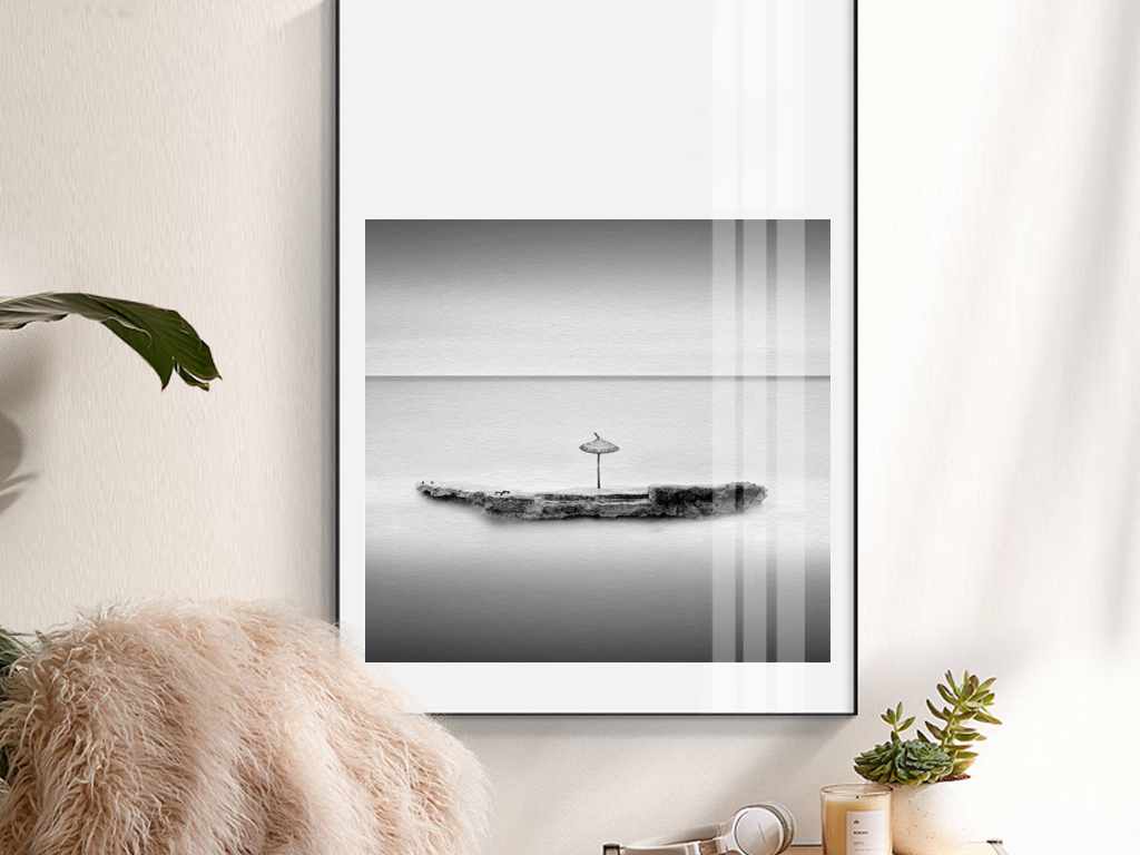 北欧简约黑白意境水中小岛风景现代艺术装饰画无框画