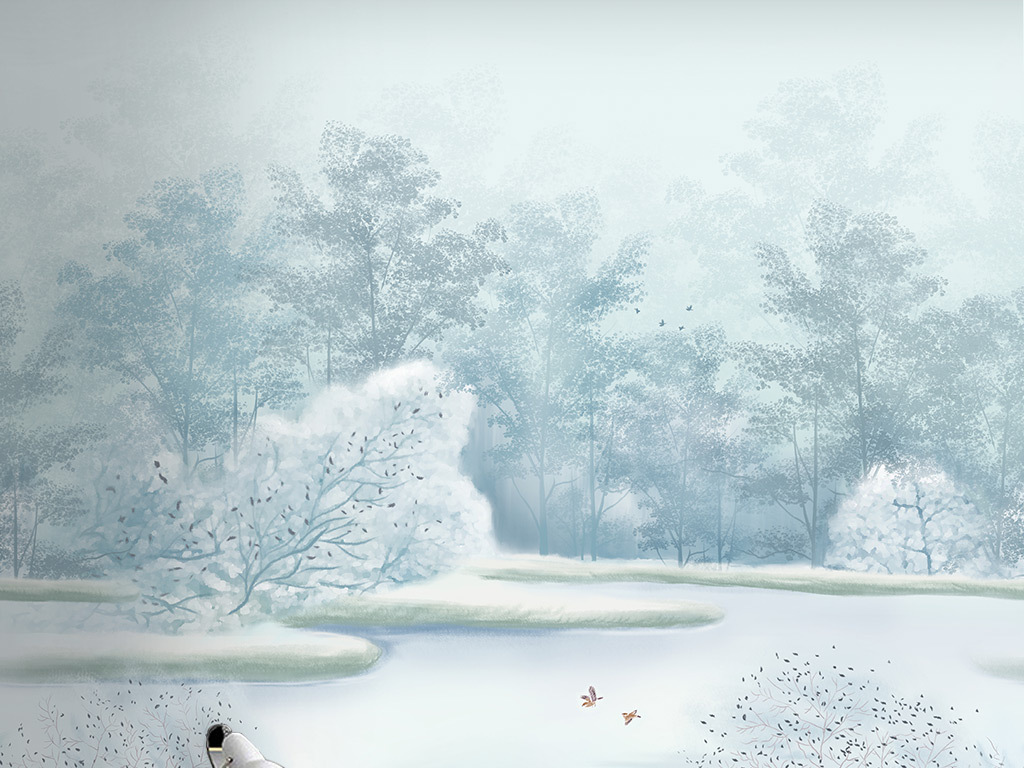 北欧简约手绘小清新唯美森林湖泊风景背景墙壁