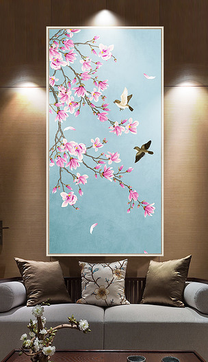 玉兰花手绘工笔花鸟新中式玄关背景墙装饰画