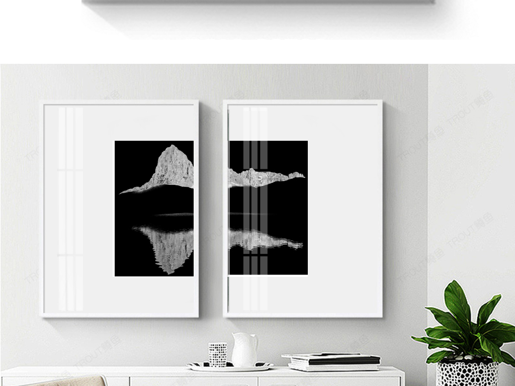 欧式现代简约抽象黑白山峰风景装饰画无框画