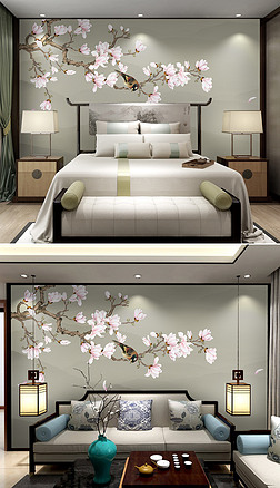 手绘玉兰花新中式工笔花鸟背景墙壁画