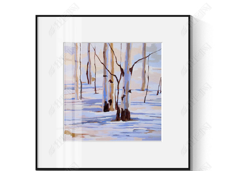北欧简约小清新抽象雪地树林水彩风景装饰画