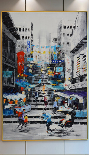 城市港街纯手绘油画风景艺术玄关