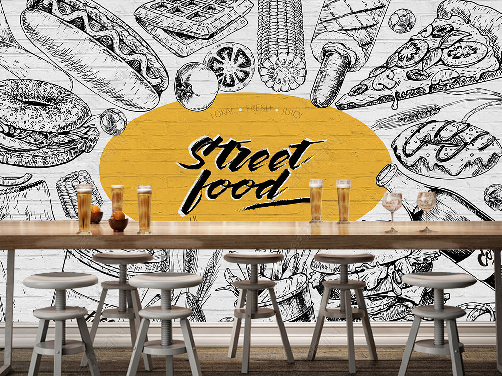 美式披萨热狗美式手绘白墙插图涂鸦简约工装