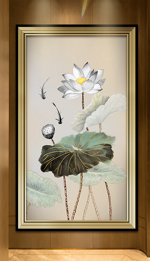 新中式现代简约手绘荷花玄关壁画客厅装饰画