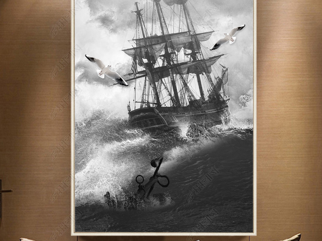 北欧简约黑白手绘大海帆船风景装饰画