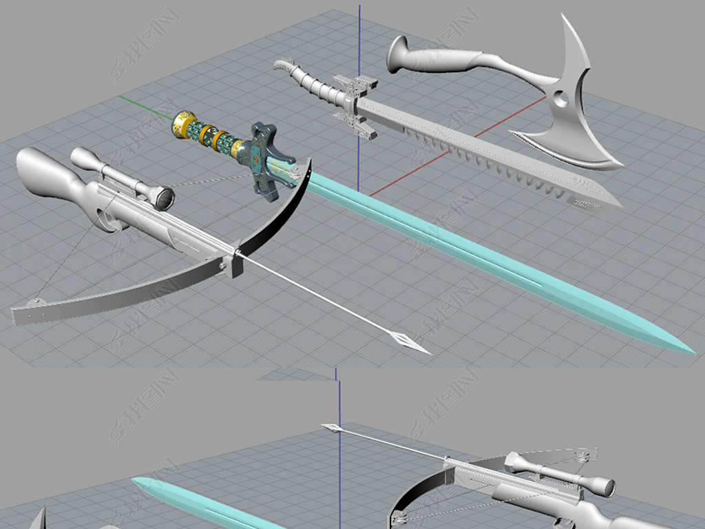 原创渊虹剑刀剑斧头弓弩射箭武器装备3d模型版权可商用